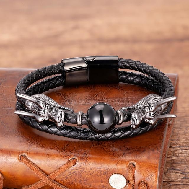 Steel, Leather and Stone STRENGTH Bracelet with Dual Dragon Heads