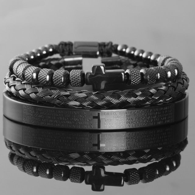 Men's Luxury 3 Pc Stainless Steel Cross & Braided Bracelet Set