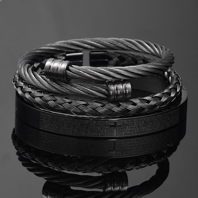 Men's Luxury 3 Pc Stainless Steel Cross & Braided Bracelet Set