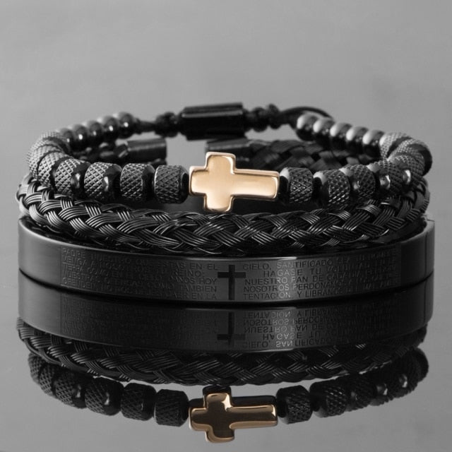 Men's Luxury 3 Pc Stainless Steel Cross & Braided Bracelet Set