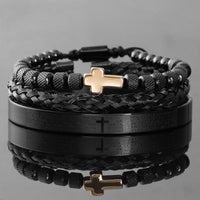 Thumbnail for Men's Luxury 3 Pc Stainless Steel Cross & Braided Bracelet Set