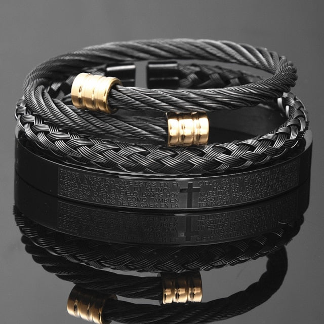 Men's Luxury 3 Pc Stainless Steel Cross & Braided Bracelet Set