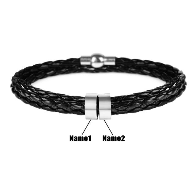 Men's Leather & Stainless Steel Personalized Name/s Bracelet