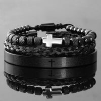 Thumbnail for Men's Luxury 3 Pc Stainless Steel Cross & Braided Bracelet Set