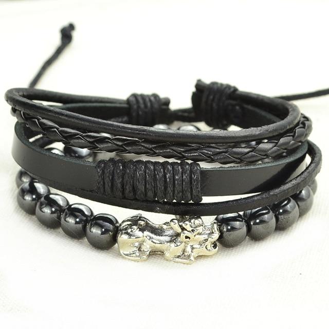 2 pc Multi-Layer Feng Shui  WEALTH PIXIU, Leather & Hematite Men's Bracelet Set