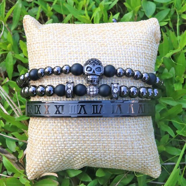 Luxury Titanium Skull , Onyx & Pave 3 Pc Bracelet Set