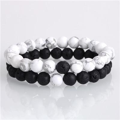 Natural Lava, Onyx & Howlite Stone 2 pc Couples DISTANCE BRACELETS Set