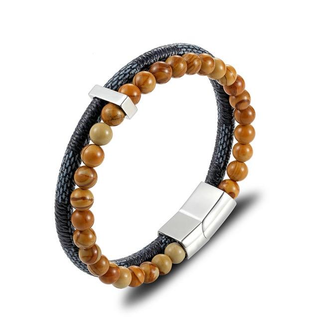 Leather & Natural Stones Lapis,Wood Jasper & Onyx  ENERGY BOOST  Mens Bracelet