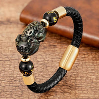 Thumbnail for Steel , Leather & Tiger Eye Stone Feng Shui PIXIU For GOOD FORTUNE Bracelet