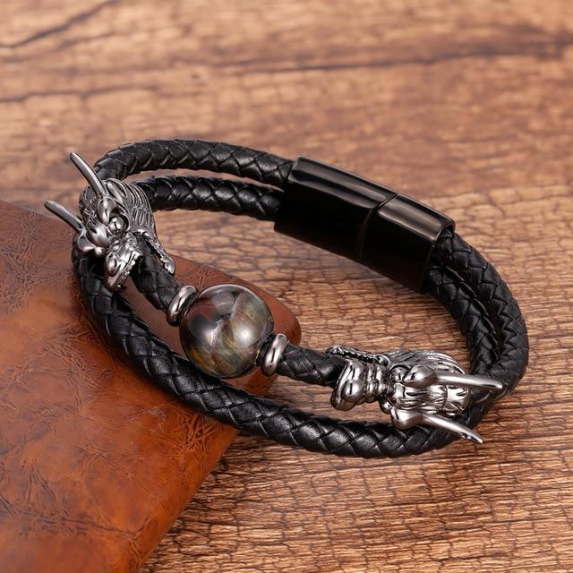 Steel, Leather and Stone STRENGTH Bracelet with Dual Dragon Heads