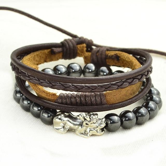 2 pc Multi-Layer Feng Shui  WEALTH PIXIU, Leather & Hematite Men's Bracelet Set