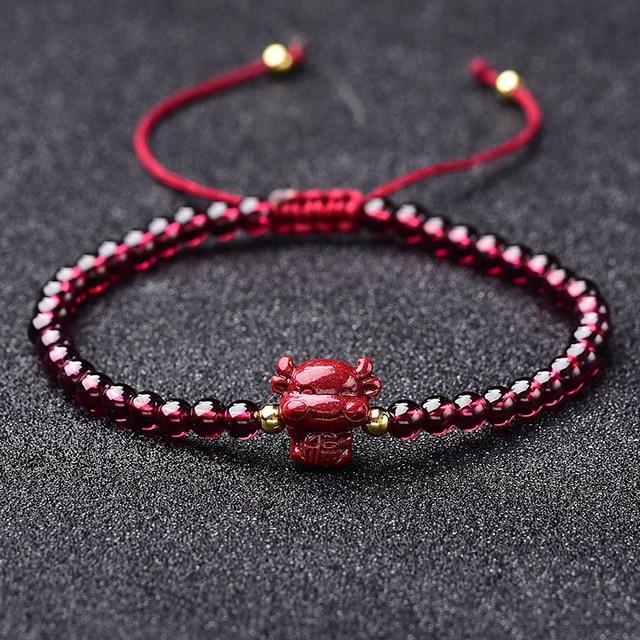 Hand Carved Purple Cinnabar Accents & Garnet Stone PIXIU'PROSPERITY Attracting Bracelet