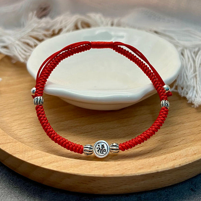 Red Rope & Silver Lucky 'Fu' Symbol Bracelet