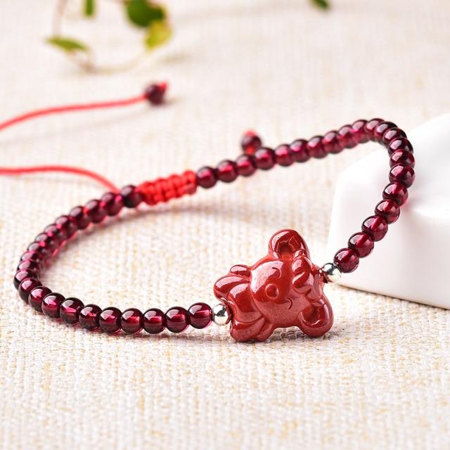 Hand Carved Purple Cinnabar & Natural Garnet Zodiac Animals Bracelet