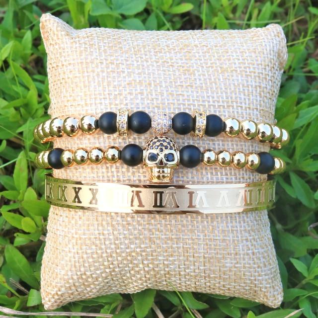 Luxury Titanium Skull , Onyx & Pave 3 Pc Bracelet Set