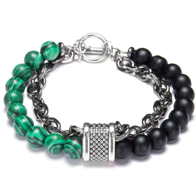 ATTRACT $MOOLAH$ & LOVE~Stainless Steel + Malachite & Other Stones  '2 in 1' Layered Men's Bracelet