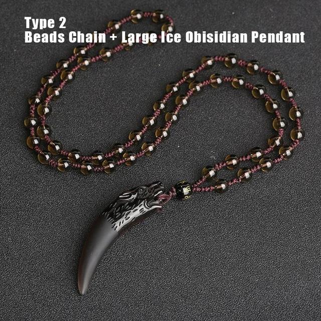 Natural Black And Ice Obsidian Wolf Tooth Amulet Necklace