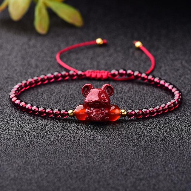 Hand Carved Purple Cinnabar Accents & Garnet Stone PIXIU'PROSPERITY Attracting Bracelet