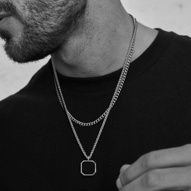 Stainless Steel Men's Necklace Set with Geometric Onyx Pendant and Chain