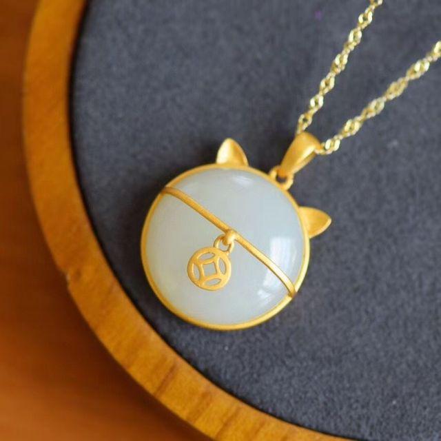 THAI SILVER Hetian Jade Lucky Fat Cat 'ABUNDANCE' Necklace