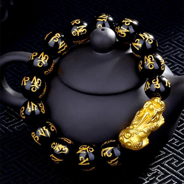 FENG SHUI Gold PIXIU & 6 Syllable Mantra Obsidian Bead Abundance Bracelet