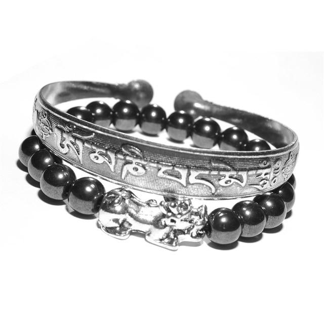 Feng Shui Hematite & PIXIU Bracelet With 6 Syllable OM Mantra Bangle- 2pc WEALTH Set-6 sizes