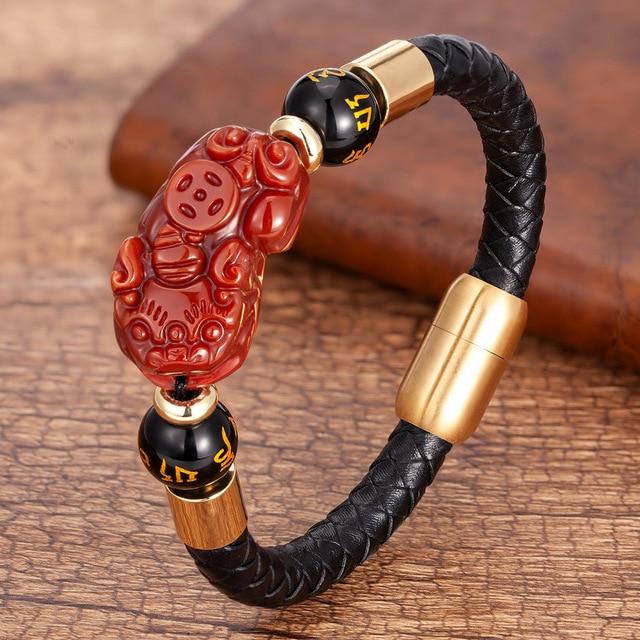 Steel , Leather & Tiger Eye Stone Feng Shui PIXIU For GOOD FORTUNE Bracelet