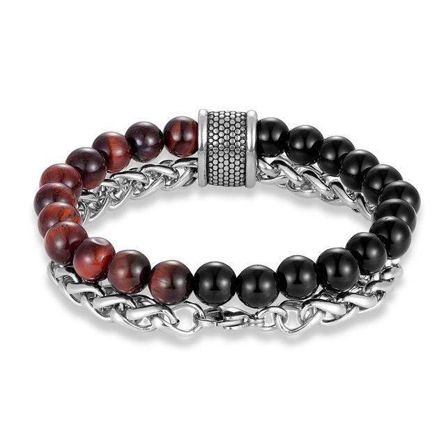 STIMULATING RED TIGER EYE Stone & Stainless Steel '2 in 1' Layered Men's Bracelet