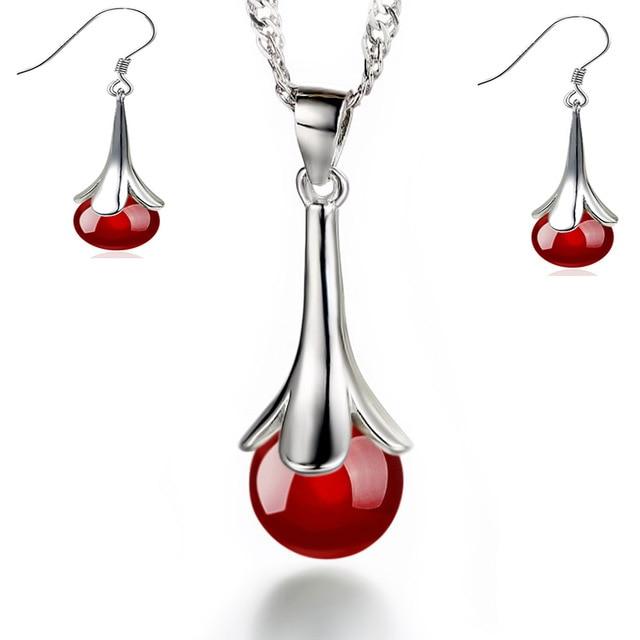 THAI SILVER Natural Garnet /Obsidian Necklace + Earrings Set