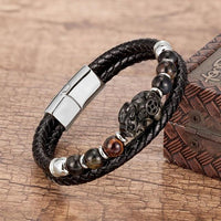 Thumbnail for Stainless Steel , Braided Leather & Tiger Eye Stone Feng Shui PIXIU for WEALTH Bracelet