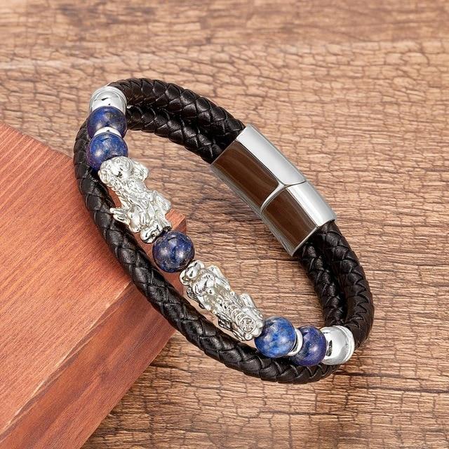 Stainless Steel , Leather & Natural Stone Feng Shui PIXIU for ABUNDANCE Bracelet-10 Variants