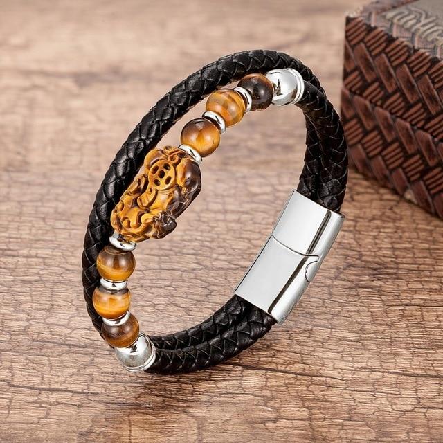 Stainless Steel , Braided Leather & Tiger Eye Stone Feng Shui PIXIU for WEALTH Bracelet