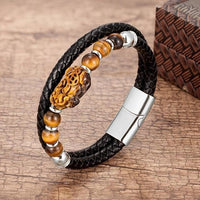 Thumbnail for Stainless Steel , Braided Leather & Tiger Eye Stone Feng Shui PIXIU for WEALTH Bracelet