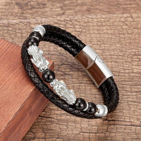 Thumbnail for Stainless Steel , Leather & Natural Stone Feng Shui PIXIU for ABUNDANCE Bracelet-10 Variants