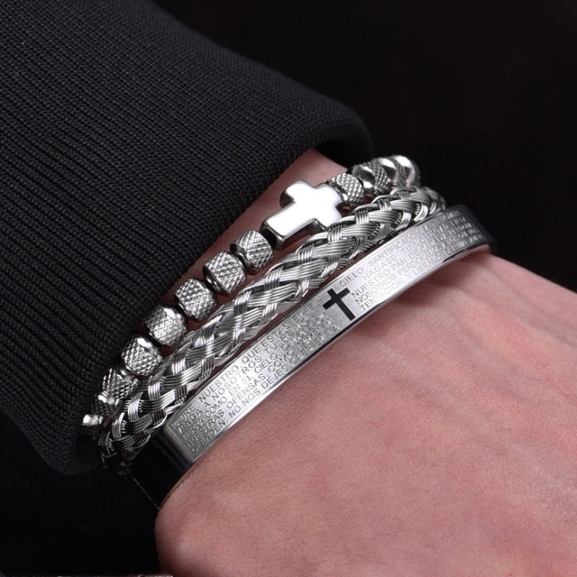 Men's Luxury 3 Pc Stainless Steel Cross & Braided Bracelet Set