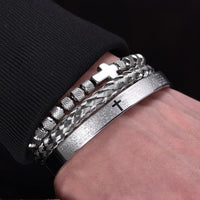 Thumbnail for Men's Luxury 3 Pc Stainless Steel Cross & Braided Bracelet Set