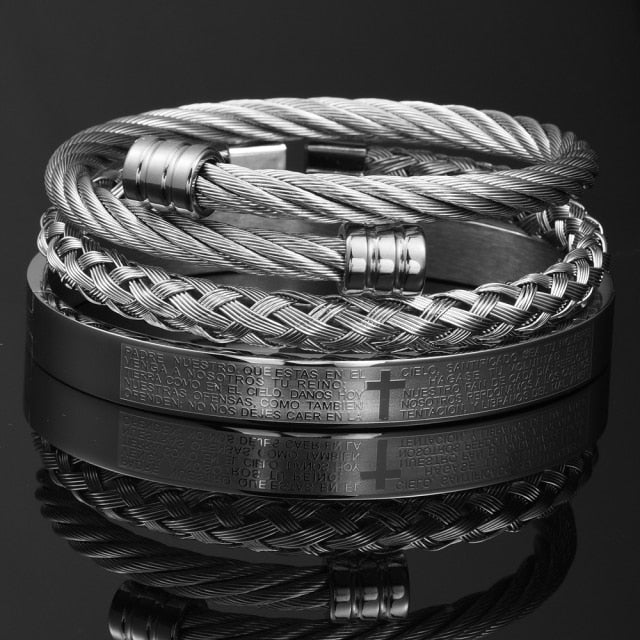 Men's Luxury 3 Pc Stainless Steel Cross & Braided Bracelet Set