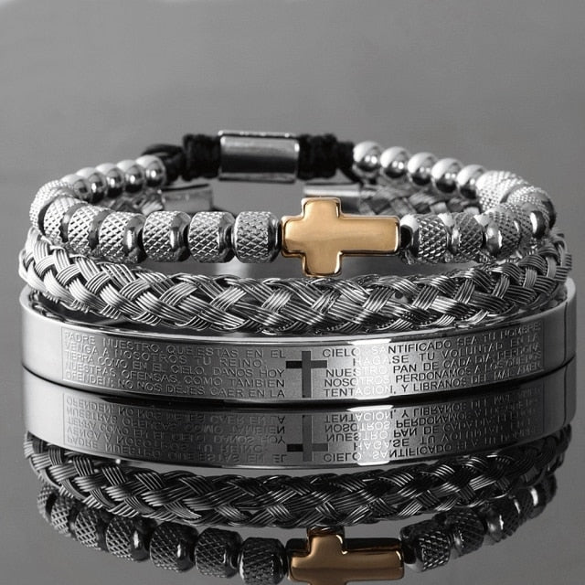 Men's Luxury 3 Pc Stainless Steel Cross & Braided Bracelet Set