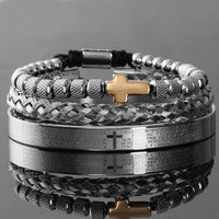 Thumbnail for Men's Luxury 3 Pc Stainless Steel Cross & Braided Bracelet Set