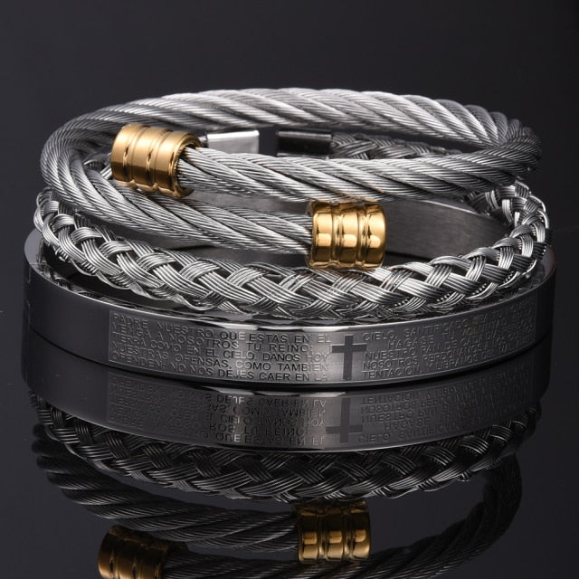 Men's Luxury 3 Pc Stainless Steel Cross & Braided Bracelet Set