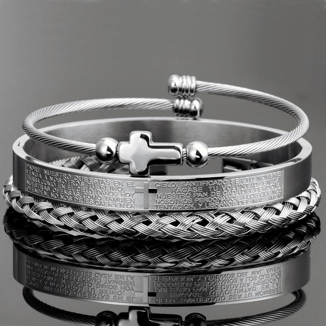 Men's Luxury 3 Pc Stainless Steel Cross & Braided Bracelet Set