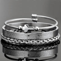 Thumbnail for Men's Luxury 3 Pc Stainless Steel Cross & Braided Bracelet Set