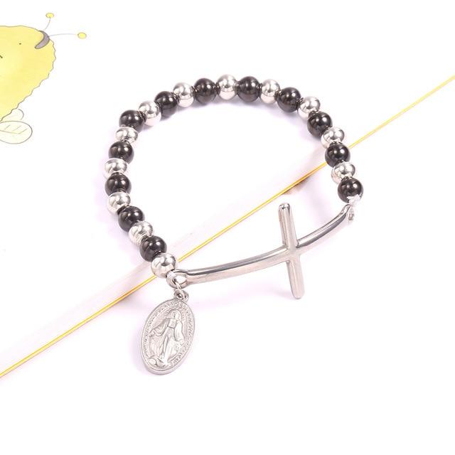 Stainless Steel Beaded Cross Bracelet with a Virgin Mary Tag