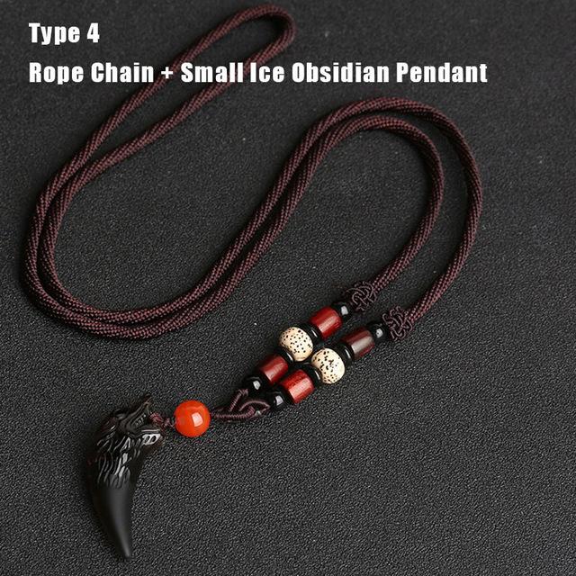 Natural Black And Ice Obsidian Wolf Tooth Amulet Necklace