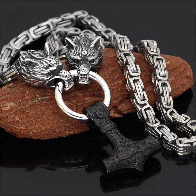 60-90cm Stainless Steel DOUBLE WOLF Head & Mjolnir SURVIVAL SPIRIT Necklace/Bracelet