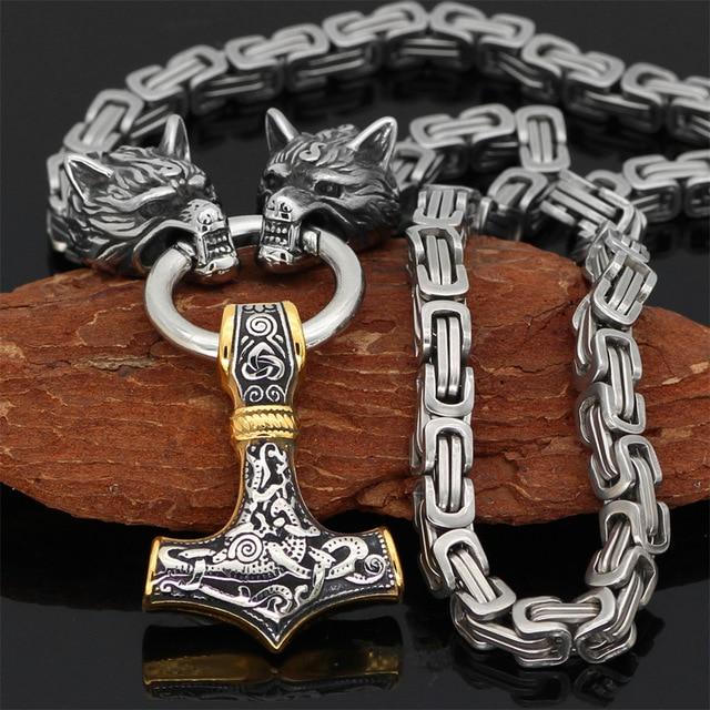 60-90cm Stainless Steel DOUBLE WOLF Head & Mjolnir SURVIVAL SPIRIT Necklace/Bracelet