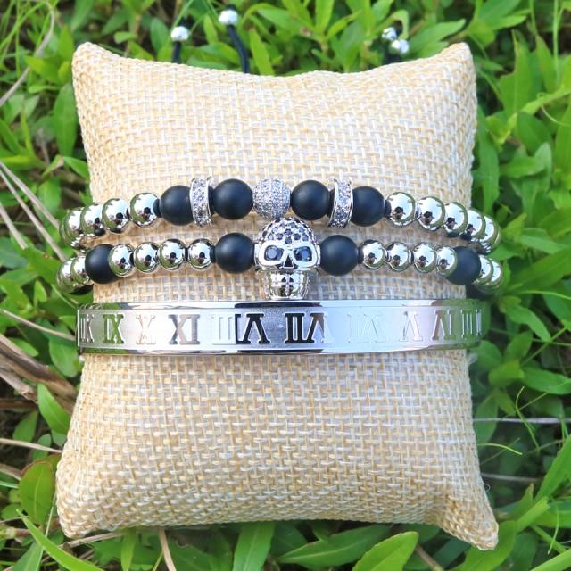 Luxury Titanium Skull , Onyx & Pave 3 Pc Bracelet Set