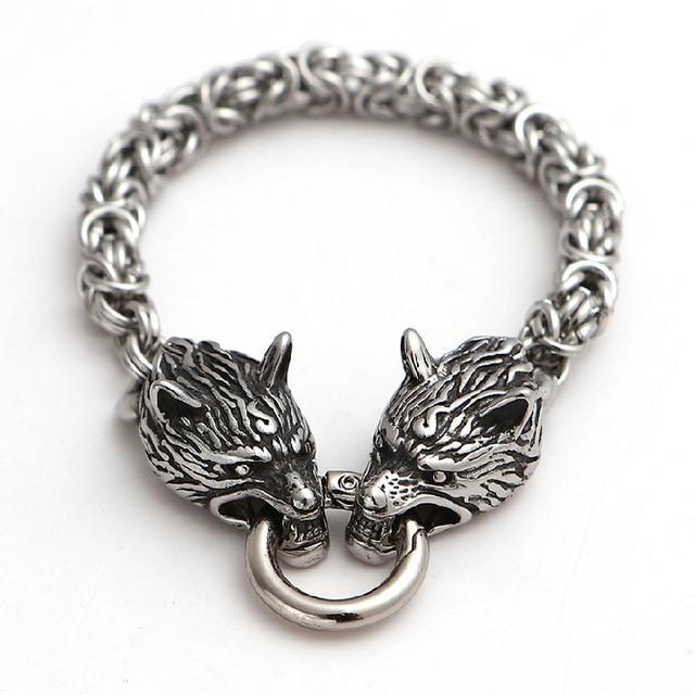 Stainless Steel Nordic DOUBLE WOLF Head ANIMAL SPIRIT King Chain Bracelet