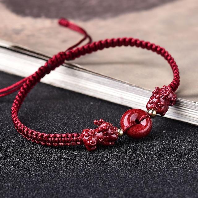 Hand Carved Purple Cinnabar 'DOUBLE BABY PIXIU' Wealth Attracting Bracelet