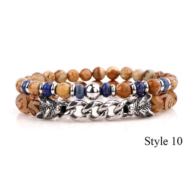 Natural Stone & Stainless Steel  Double WOLF 'LOYALTY' 2 pc Bracelet Set -13 Styles